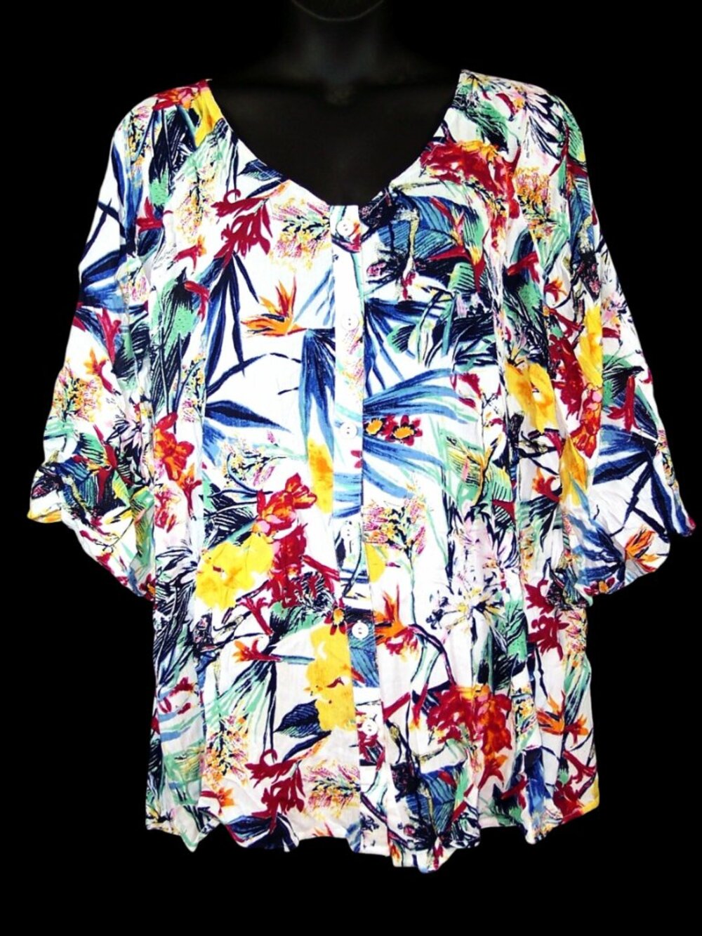 NEW Roaman's Angelina Tunic 22W Tropical Print Cold Shoulder Crinkle Crepe Top - Picture 2 of 15